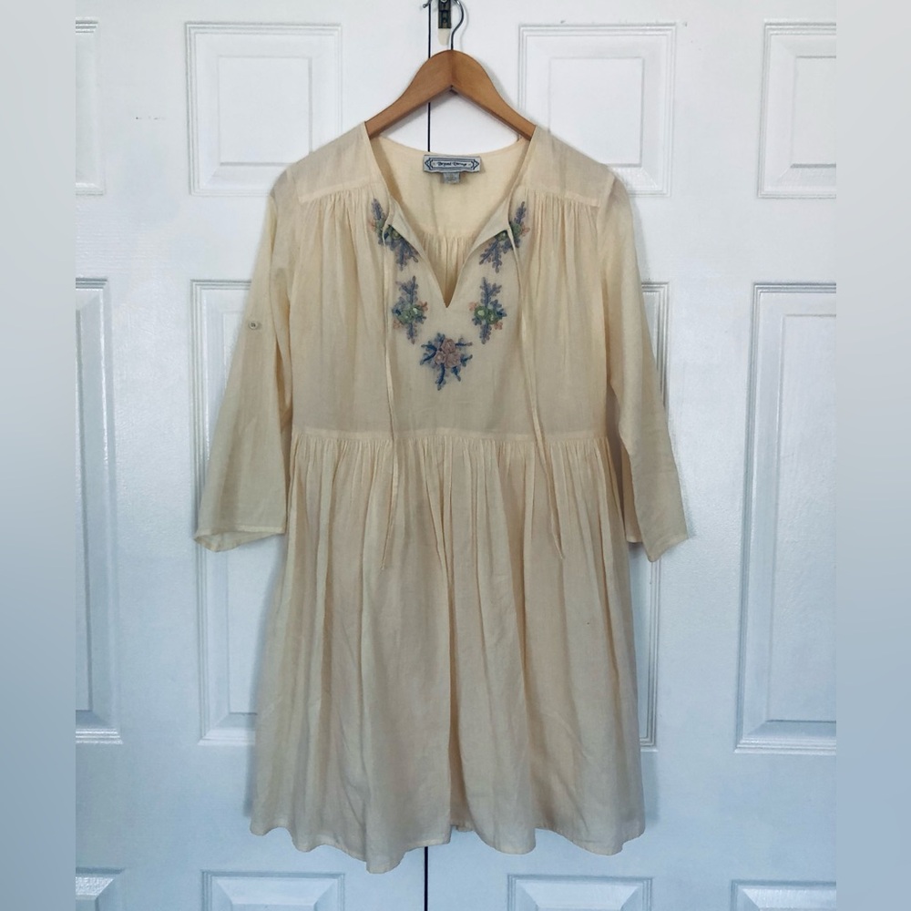 Beyond Vintage Dress Cream Embroidered Babydoll Dress Boho Cottagecore Festival